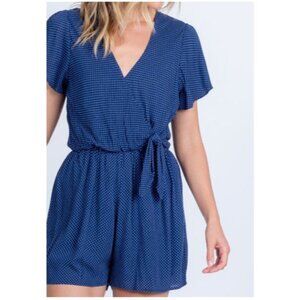 Everly Navy blue polka dot Golden Days Surplice V-neck side knot Romper size L